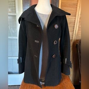 🤗🤗🤗Mackage Womens Shawl Collar Double Breast Coat Wool Leather Trim…size XS
